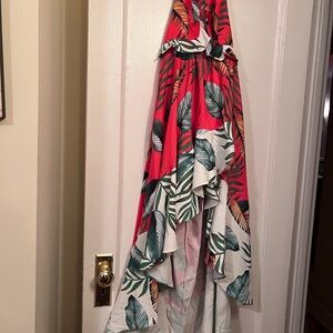 Tropical Red Leaf High-Low Maxi Dress